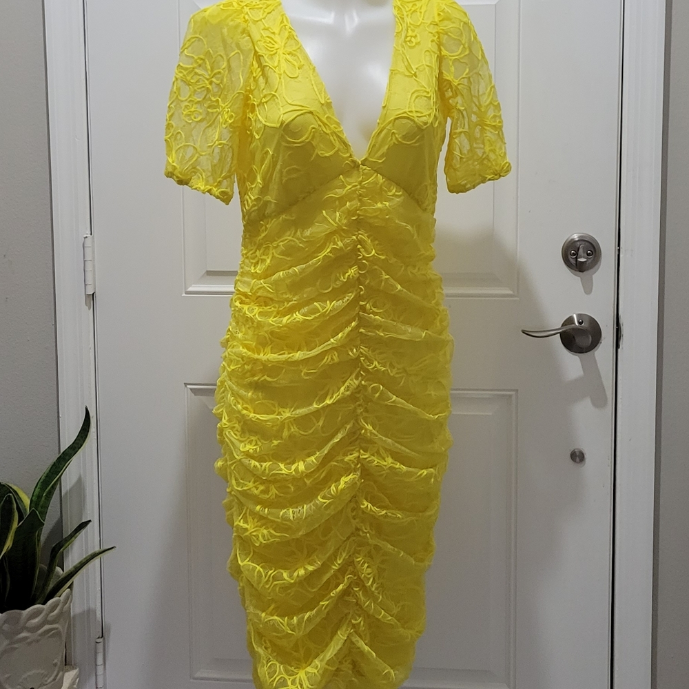 Zara Bright Yellow Ruched Lace-Trim Midi Dress